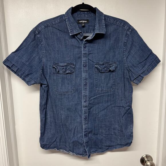 Express Mens Double Pocket Denim Short Sleeve Button Up Shirt Blue Jean Large - Picture 1 of 8